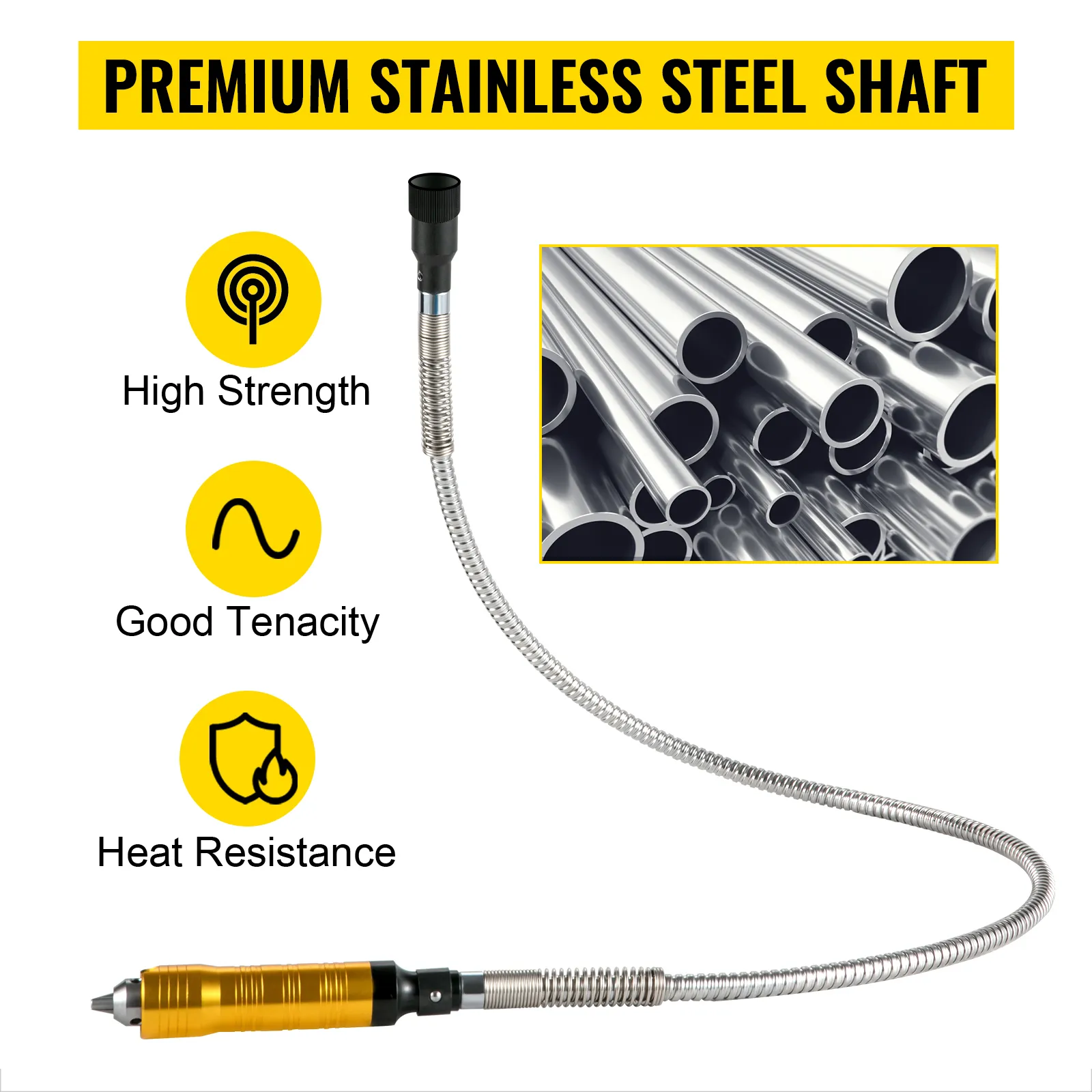 VEVOR flex shaft grinder with premium stainless steel shaft, high strength, good tenacity, and heat resistance.