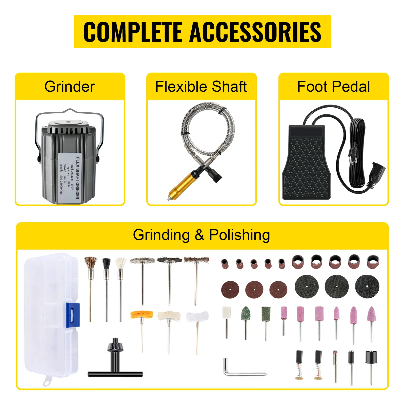 VEVOR flex shaft grinder with flexible shaft, foot pedal, and grinding polishing accessories.
