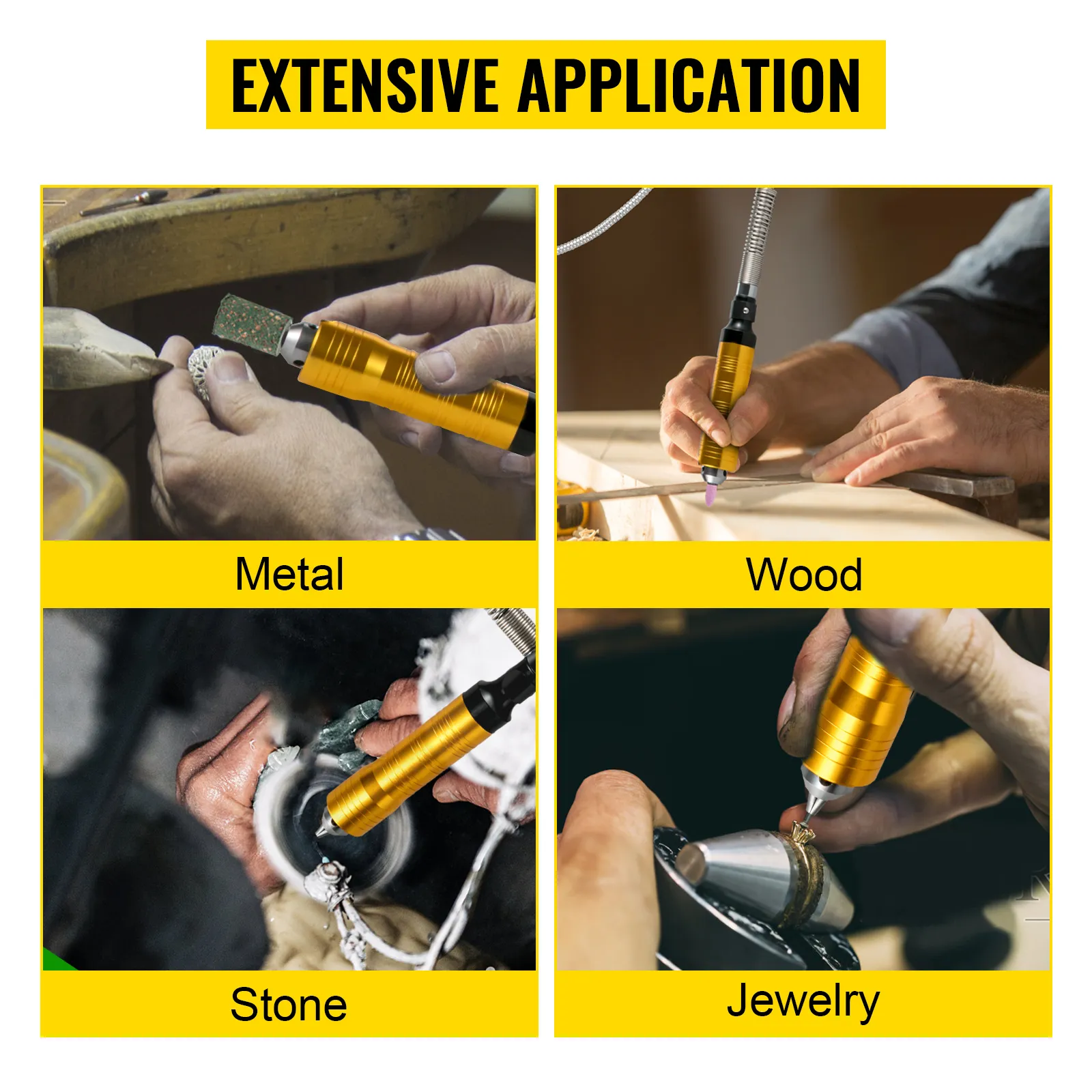 VEVOR flex shaft grinder used for metal, wood, stone, and jewelry applications.