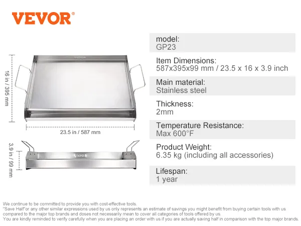 VEVOR stove top griddle, stainless steel, 23.5 x 16 x 3.9 in, temperature resistance max 600°f.
