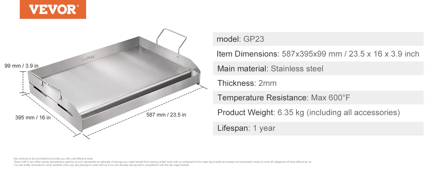 VEVOR stove top griddle, stainless steel, 23.5 x 16 x 3.9 in, temperature resistance max 600°f.