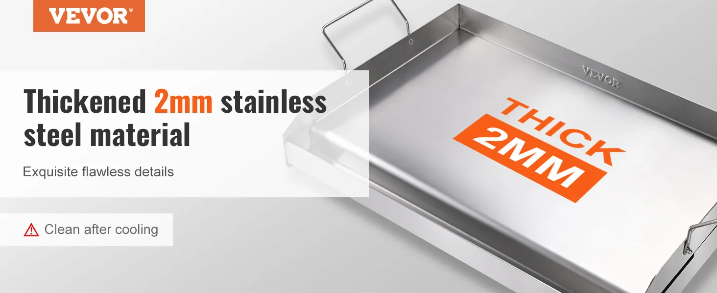VEVOR stove top griddle in 2mm stainless steel, emphasizing durability and quality details.