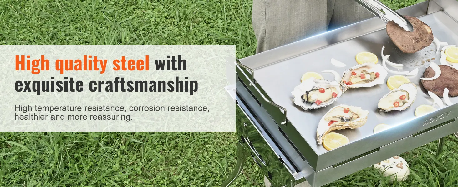 stainless steel VEVOR stove top griddle with cooked oysters and veggies on grass.