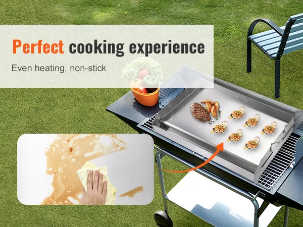 VEVOR stove top griddle on bbq grill with steak, potatoes, and veggies, promising even heating.