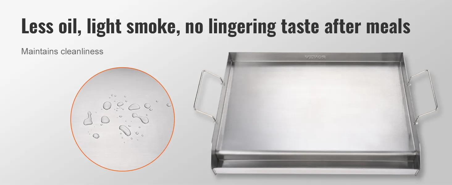 VEVOR stove top griddle with handles, showcasing easy-to-clean surface and minimal oil usage.