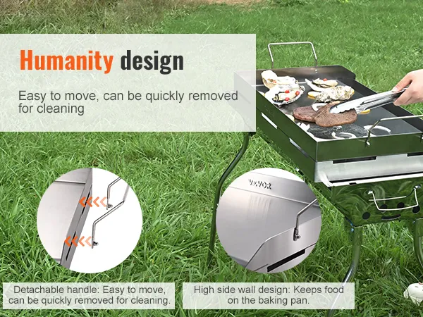 VEVOR stove top griddle on grass, detachable handle, high side wall, grilling meat and vegetables.