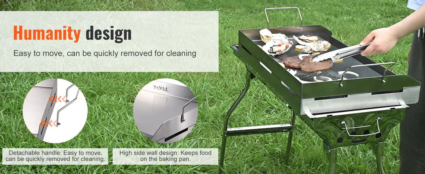 VEVOR stove top griddle on grass, detachable handle, high side wall, grilling meat and vegetables.