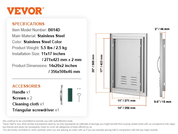 VEVOR bbq access door b014d, stainless steel, 11x17 inch installation, 14x20x2 inch dimensions, weights 5.5 lbs.