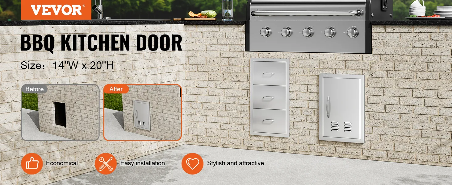 VEVOR bbq access door: easy installation, stylish stainless steel design with convenient before-and-after views.