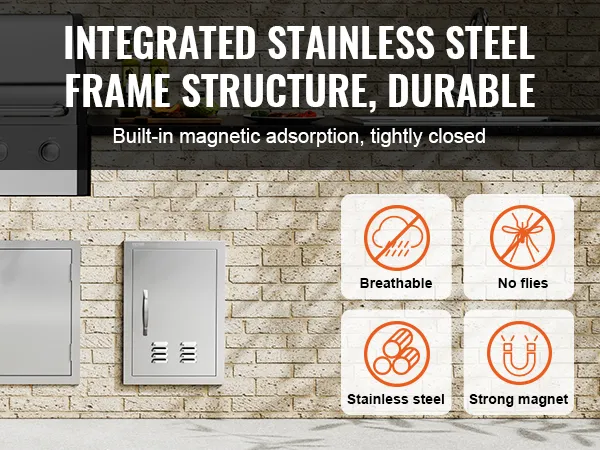 VEVOR bbq access door with stainless steel frame, magnetic closure, and ventilation features.