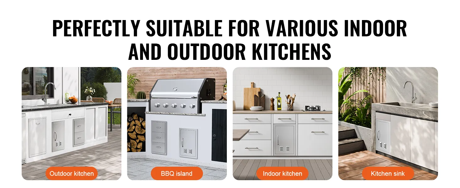 VEVOR bbq access door in various kitchen settings: outdoor kitchen, bbq island, indoor kitchen, kitchen sink.