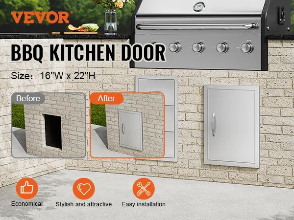 VEVOR bbq access door installed in an outdoor brick kitchen, showing before and after images.