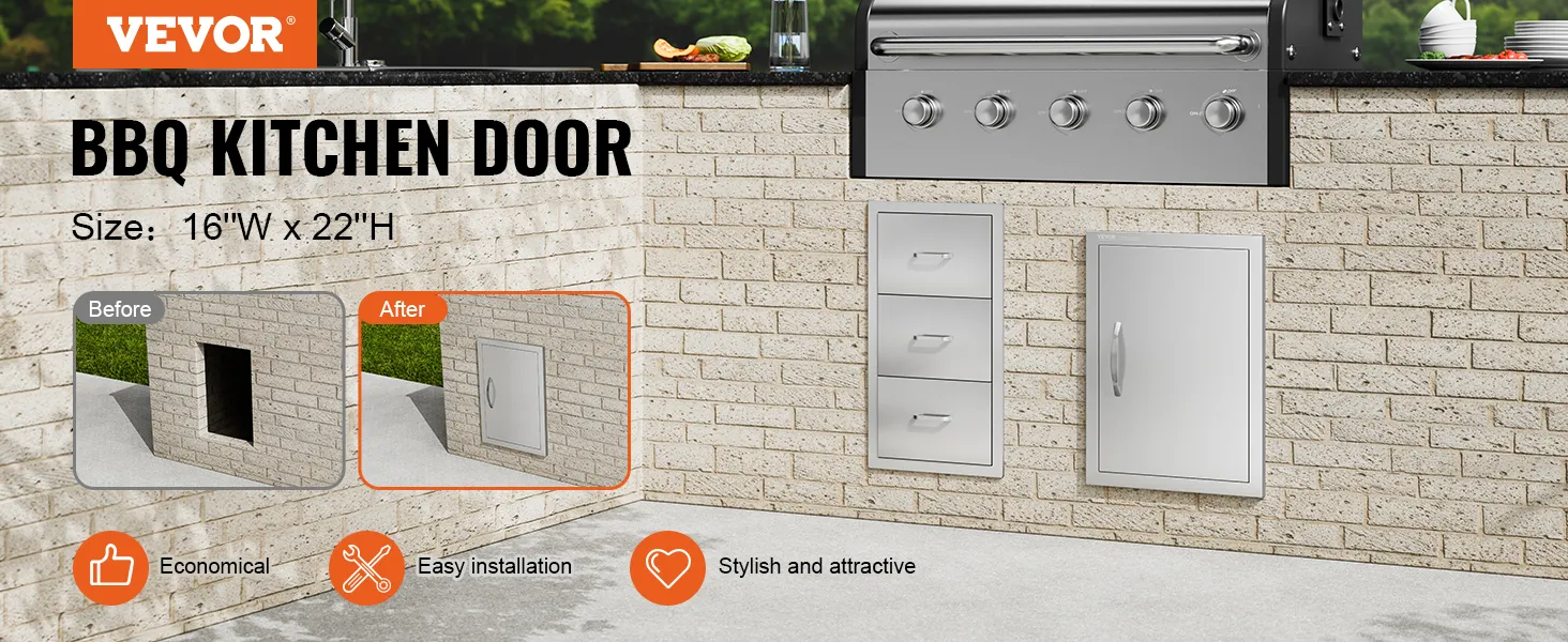 VEVOR bbq access door installed in an outdoor brick kitchen, showing before and after images.