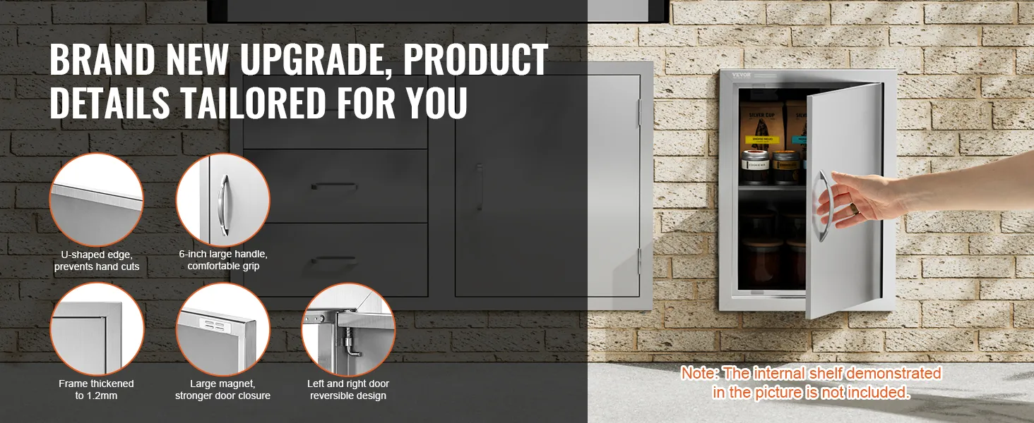 VEVOR bbq access door showcased against a brick wall with product features highlighted.