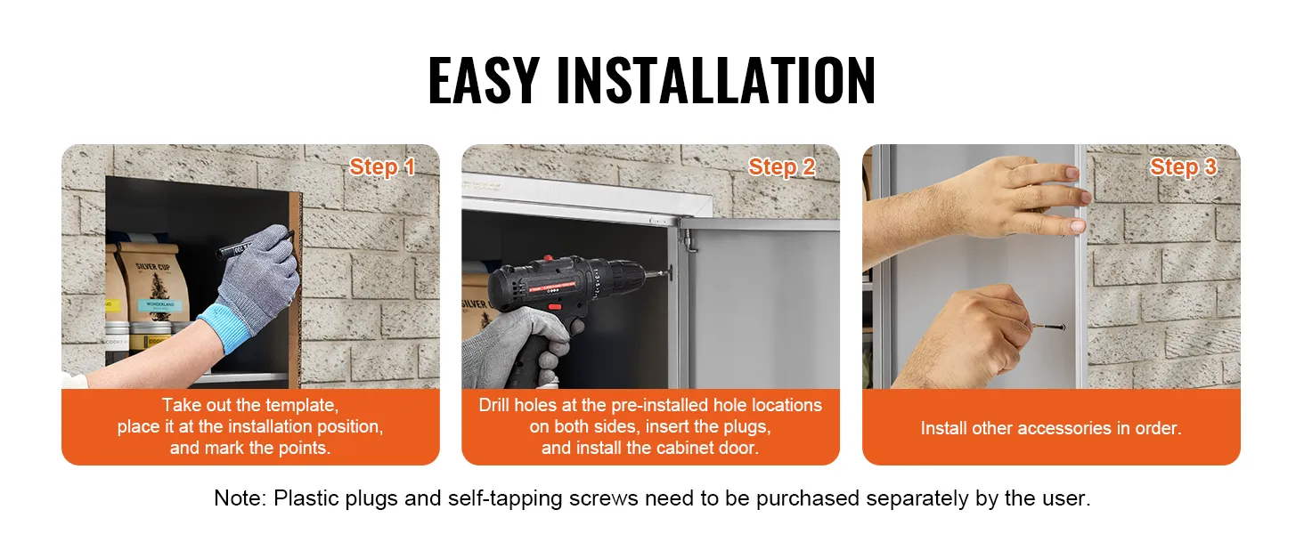 Einfache Installationsschritte für die VEVOR-Grill-Zugangstür: Schablone markieren, Löcher bohren und befestigen.