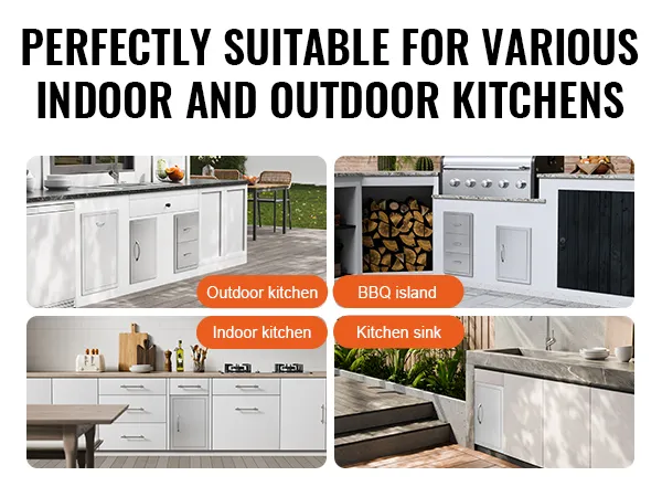 Verschiedene Innen- und Außenkücheneinstellungen mit VEVOR-Grill-Zugangstür, geeignet für alle Konfigurationen.