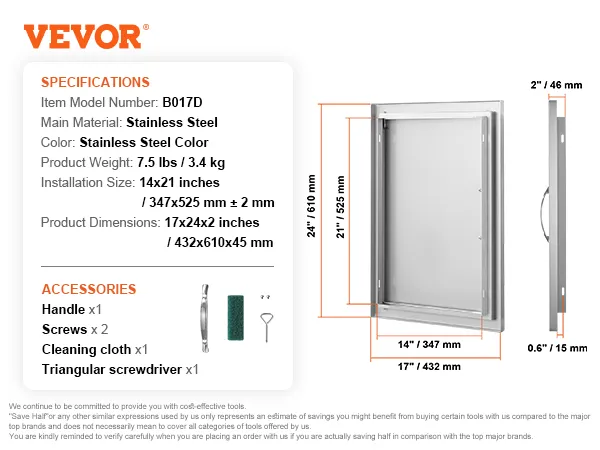 Sportello di accesso per barbecue VEVOR, acciaio inossidabile, dimensioni di installazione 14x21 pollici, maniglia, viti, panno per la pulizia, cacciavite.