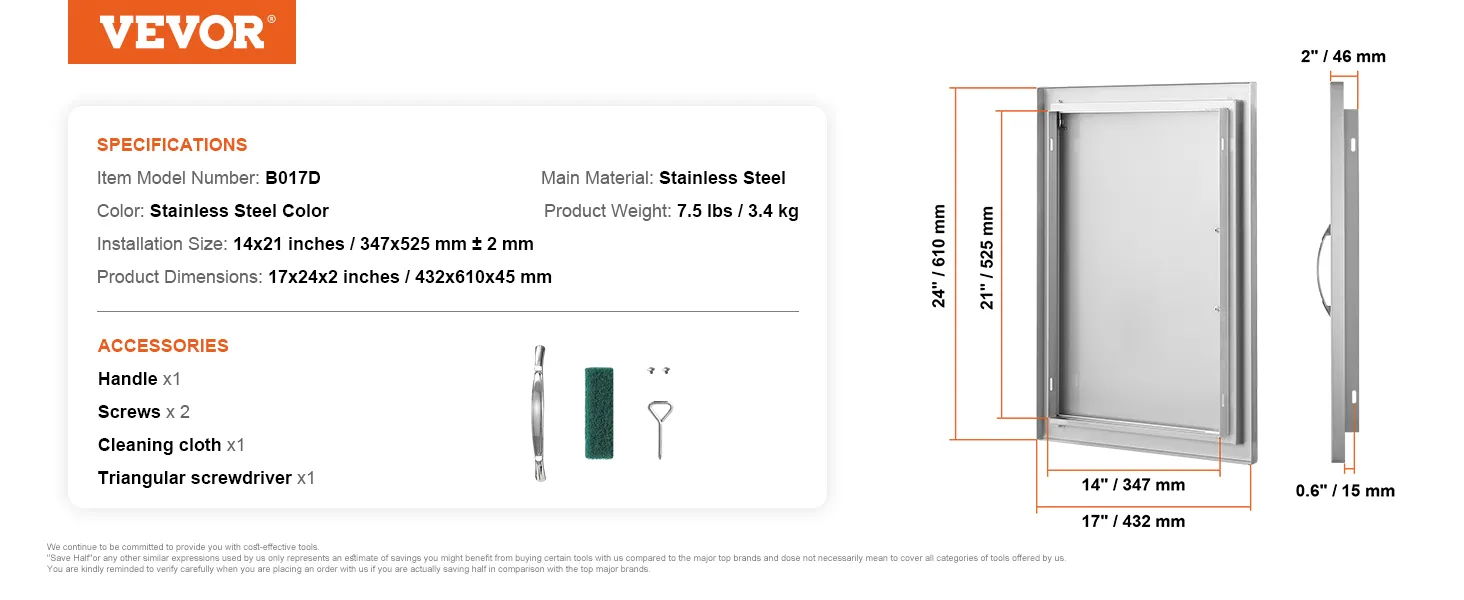 Sportello di accesso per barbecue VEVOR, acciaio inossidabile, dimensioni di installazione 14x21 pollici, maniglia, viti, panno per la pulizia, cacciavite.