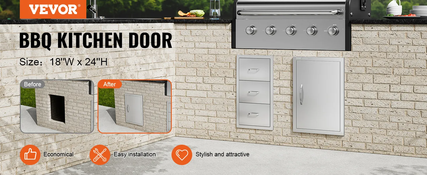 Sportello di accesso per barbecue VEVOR, 18" di larghezza x 24" di altezza, installato in una cucina esterna in mattoni, elegante e facile da installare.