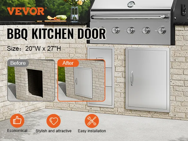 Drzwiczki dostępowe do grilla VEVOR zamontowane w kuchni na świeżym powietrzu z ceglaną ścianą i wykończeniem ze stali nierdzewnej.