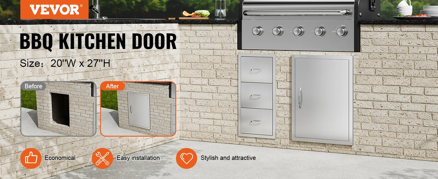 Drzwiczki dostępowe do grilla VEVOR zamontowane w kuchni na świeżym powietrzu z ceglaną ścianą i wykończeniem ze stali nierdzewnej.