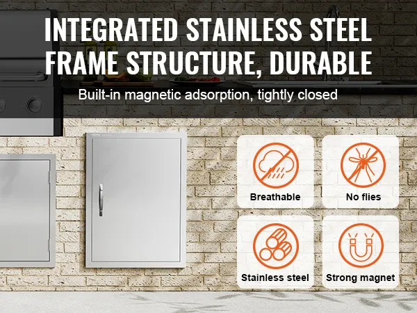 Drzwiczki do grilla VEVOR z ramą ze stali nierdzewnej, oddychającą konstrukcją zabezpieczającą przed muchami i mocnymi magnesami.