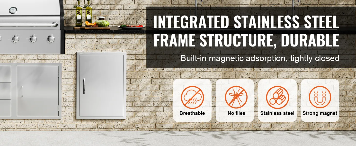 Drzwiczki do grilla VEVOR z ramą ze stali nierdzewnej, oddychającą konstrukcją zabezpieczającą przed muchami i mocnymi magnesami.