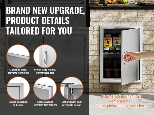 Zupełnie nowa aktualizacja, szczegóły produktu dostosowane do Ciebie. Cechy drzwiczek dostępowych do grilla VEVOR obejmują krawędź w kształcie litery U, 6-calowy duży uchwyt, pogrubioną ramę, duży magnes i odwracalną konstrukcję. Uwaga: wewnętrzna półka pokazana na zdjęciu nie jest dołączona.