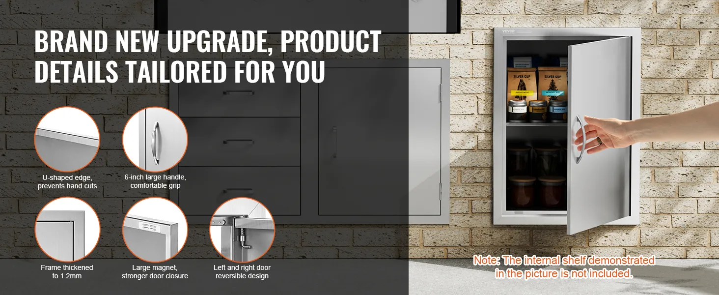 Zupełnie nowa aktualizacja, szczegóły produktu dostosowane do Ciebie. Cechy drzwiczek dostępowych do grilla VEVOR obejmują krawędź w kształcie litery U, 6-calowy duży uchwyt, pogrubioną ramę, duży magnes i odwracalną konstrukcję. Uwaga: wewnętrzna półka pokazana na zdjęciu nie jest dołączona.