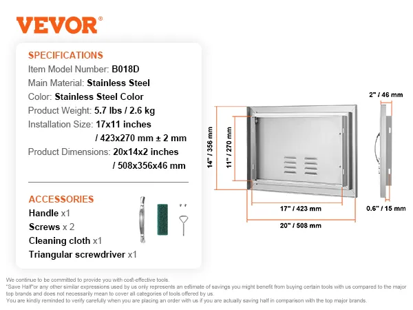 Sportello di accesso per barbecue VEVOR, acciaio inossidabile, modello B018D, 20x14x2 pollici, include maniglia, viti e utensili.