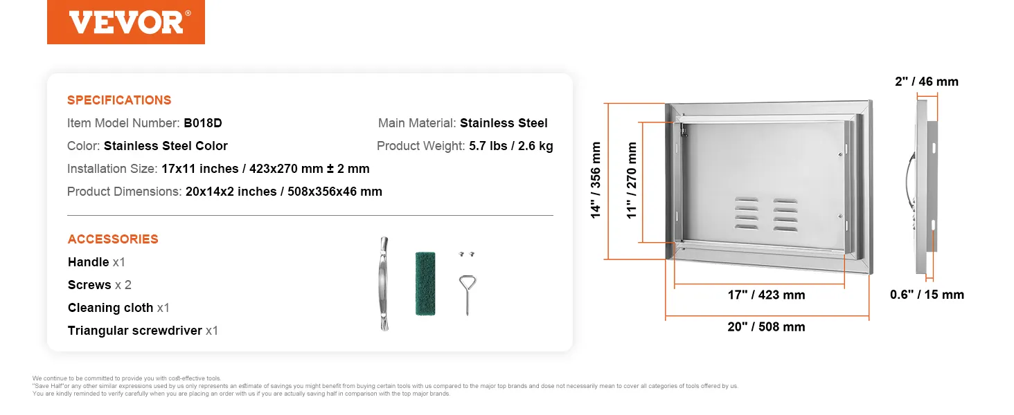 Sportello di accesso per barbecue VEVOR, acciaio inossidabile, modello B018D, 20x14x2 pollici, include maniglia, viti e utensili.