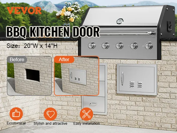 Sportello di accesso per barbecue VEVOR, acciaio inossidabile, installazione su parete in mattoni, confronto prima e dopo, facile installazione.