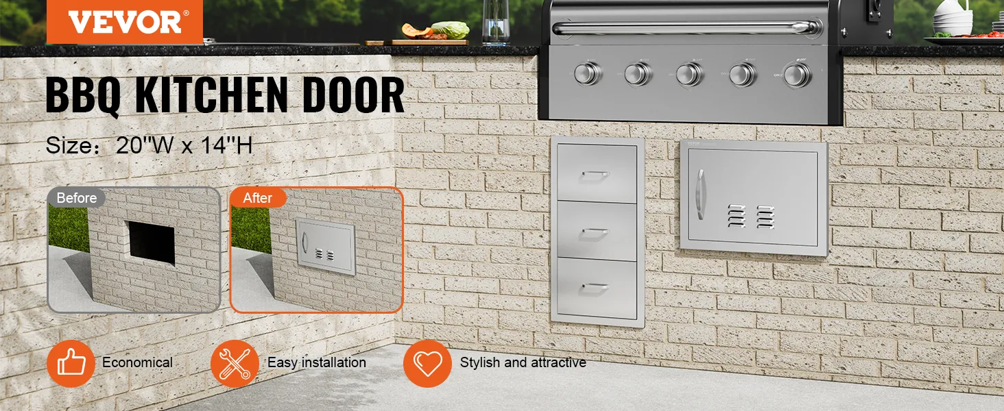Sportello di accesso per barbecue VEVOR, acciaio inossidabile, installazione su parete in mattoni, confronto prima e dopo, facile installazione.