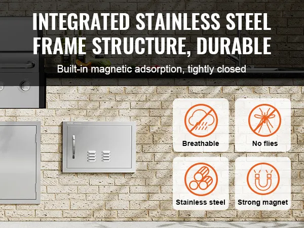 Sportello di accesso per barbecue VEVOR con telaio integrato in acciaio inox, chiusura magnetica e funzioni di ventilazione.