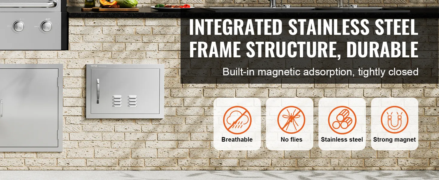 Sportello di accesso per barbecue VEVOR con telaio integrato in acciaio inox, chiusura magnetica e funzioni di ventilazione.