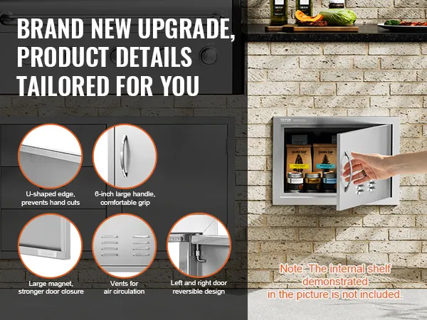 Sportello di accesso per barbecue VEVOR con comoda maniglia, prese d'aria, design reversibile e potente chiusura magnetica.