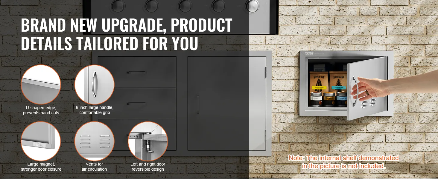 Sportello di accesso per barbecue VEVOR con comoda maniglia, prese d'aria, design reversibile e potente chiusura magnetica.