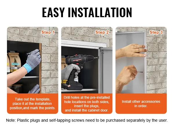 semplici passaggi di installazione per la porta di accesso al barbecue VEVOR: segnare i punti, praticare i fori, inserire i tasselli, installare gli accessori.