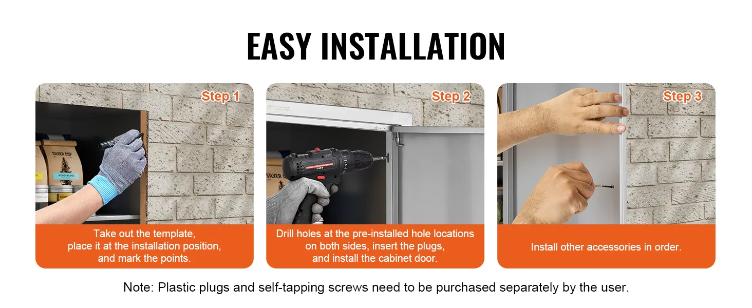 semplici passaggi di installazione per la porta di accesso al barbecue VEVOR: segnare i punti, praticare i fori, inserire i tasselli, installare gli accessori.