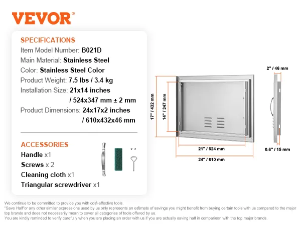 VEVOR bbq access door in stainless steel with specifications and included accessories.