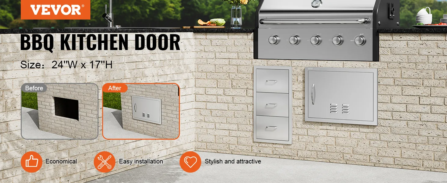 VEVOR bbq access door installed in outdoor brick kitchen, featuring easy installation and stylish design.