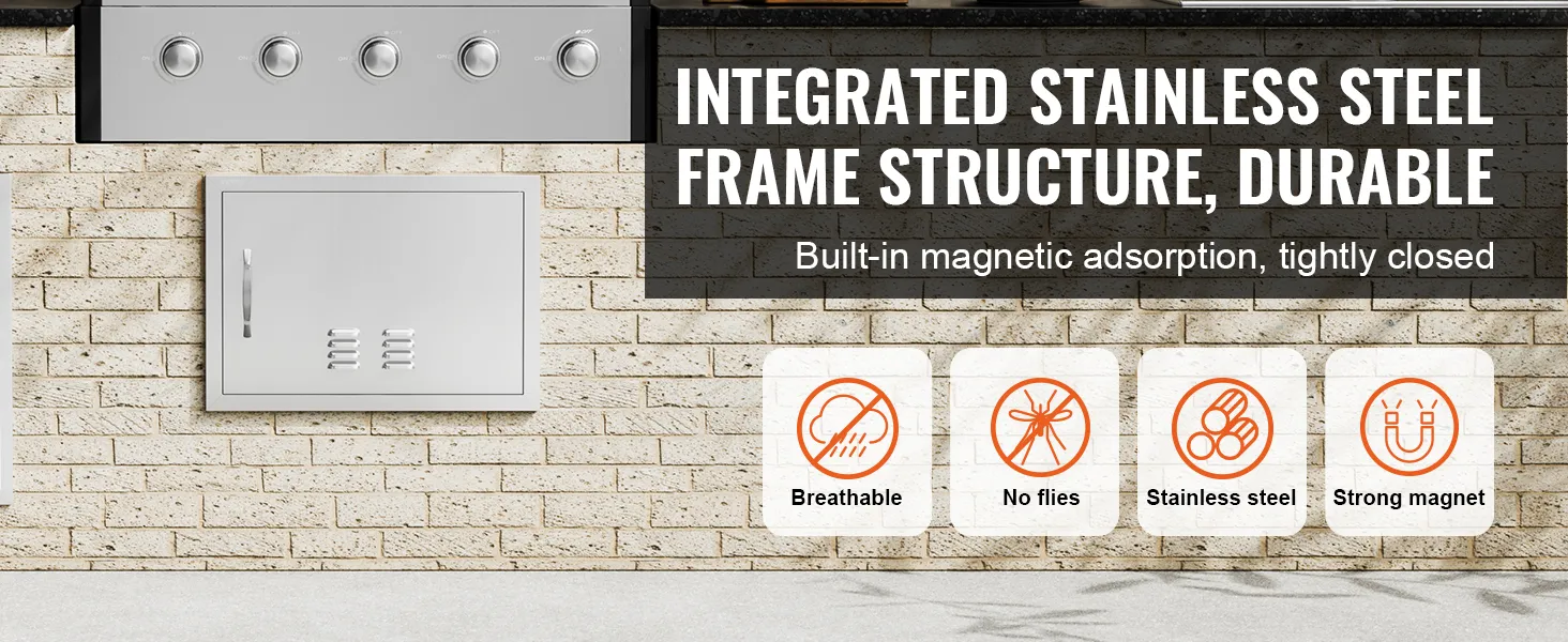 VEVOR bbq access door with stainless steel frame, breathable, no flies, strong magnet.