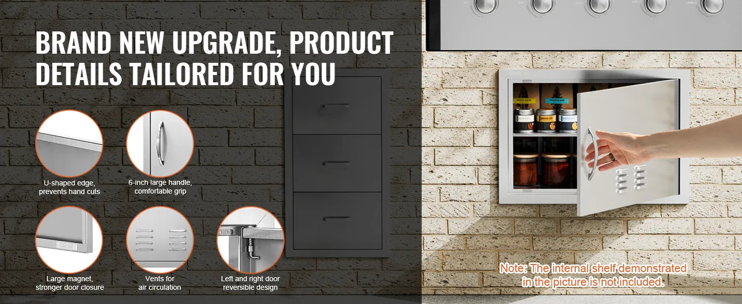 VEVOR bbq access door with 6-inch handle, vents, u-shaped edge, and reversible design on brick wall.