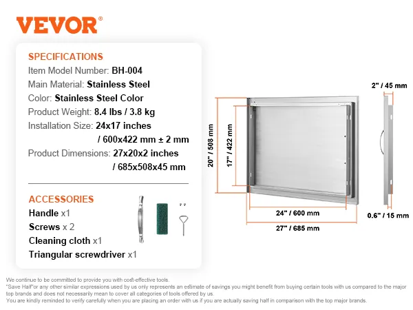VEVOR bbq access door, stainless steel, 24"x17" installation size, includes handle, screws, cloth, and screwdriver.