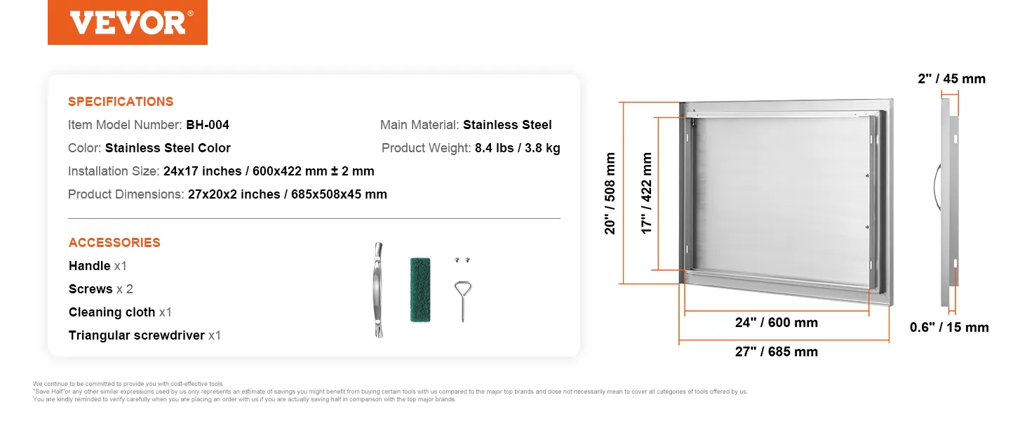 VEVOR bbq access door, stainless steel, 24"x17" installation size, includes handle, screws, cloth, and screwdriver.