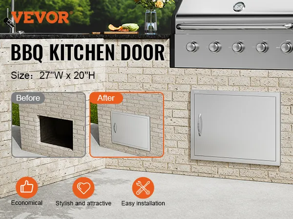 VEVOR bbq access door installed in brick outdoor kitchen, before and after comparison highlighting easy installation.