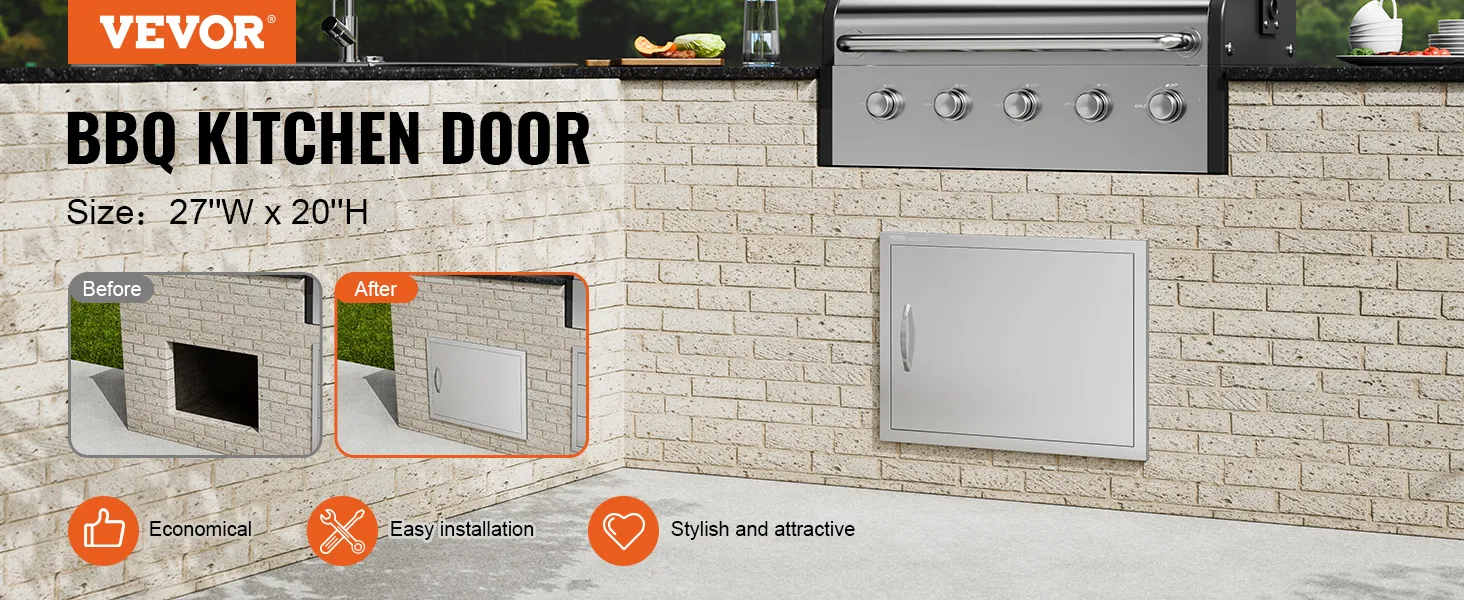 VEVOR bbq access door installed in brick outdoor kitchen, before and after comparison highlighting easy installation.