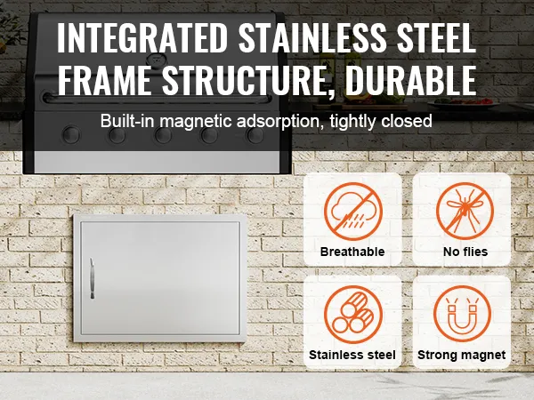 integrated stainless steel bbq setup with a VEVOR bbq access door, magnetic closure, and features icons.