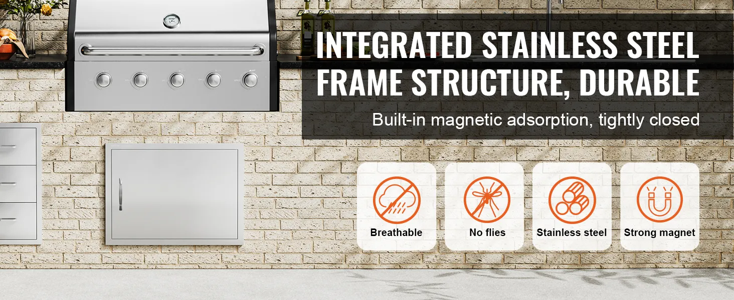 integrated stainless steel bbq setup with a VEVOR bbq access door, magnetic closure, and features icons.