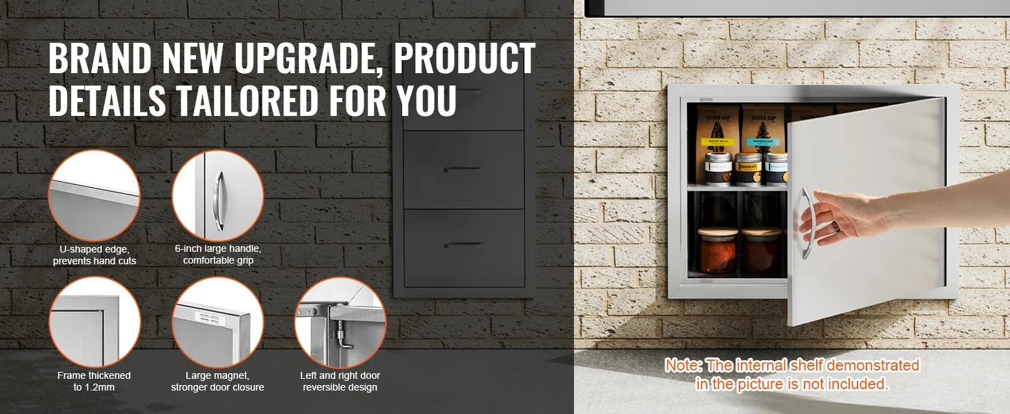 VEVOR bbq access door installed in brick wall with handle, storage space, and various product features.